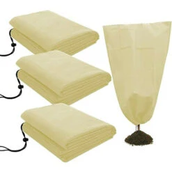 3Pcs Couverture Végétale De Protection Antigel Veste Polaire Jardin Couverture Warming Sac Sac À Cordonnet Pour La Taille Haies Arbres Fleurs Arbustes Ensemble , 1.2X1.8m, Beige