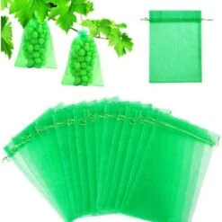 Sac Protection Fruits 100 Pièces, Sachet Protection Raisin 20x 30cm Jardin Sac Organza Avec Cordon Contre Guêpe Drosophile Scarabées Oiseaux (Vert)LO-Ron